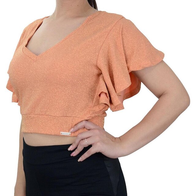 Blusa Feminina Lado Avesso Cropped Lurex Laranja - L1205