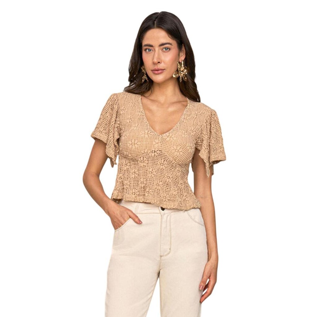 Blusa Feminina Lunender Manga Curta Em Renda L131.396