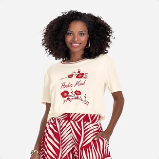 Blusa Feminina Manga Curta Brilho Sutil Foil Decote Redondo