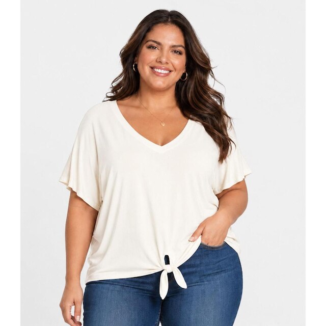Blusa Feminina Manga Curta Decote Em V Secret Glam Bege