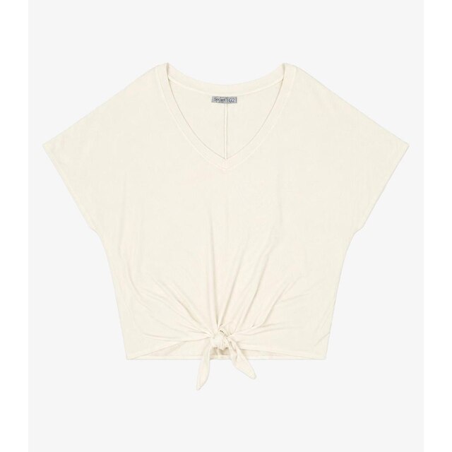 Blusa Feminina Manga Curta Decote Em V Secret Glam Bege