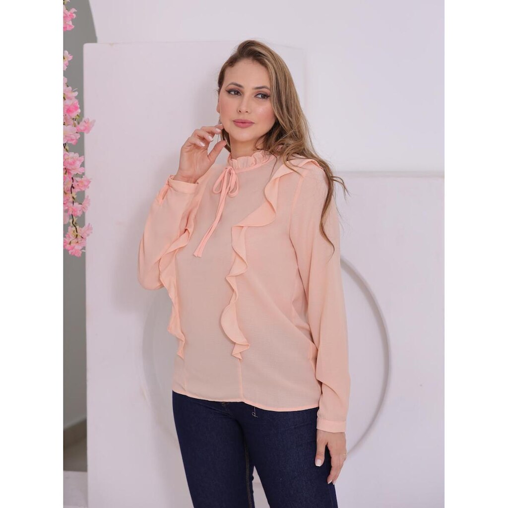 Blusa Feminina Manga Longa com Amarração e Babados Casual