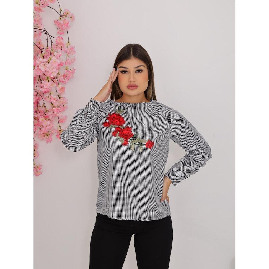 Blusa Feminina Manga Longa em Tricoline com Bordado em Flor Tecido Premium