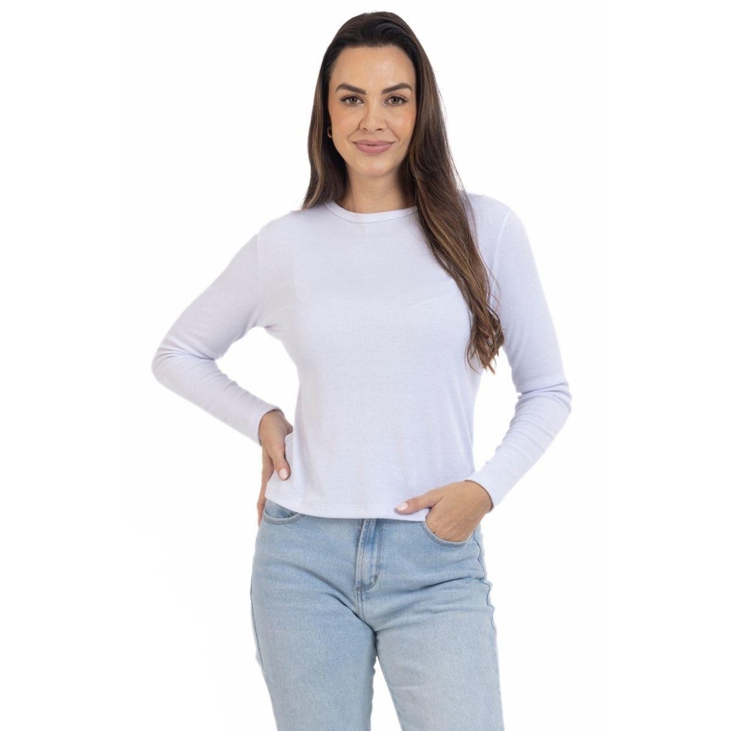 Blusa Feminina Manga Longa Gola Redonda Malha Ribana Casual
