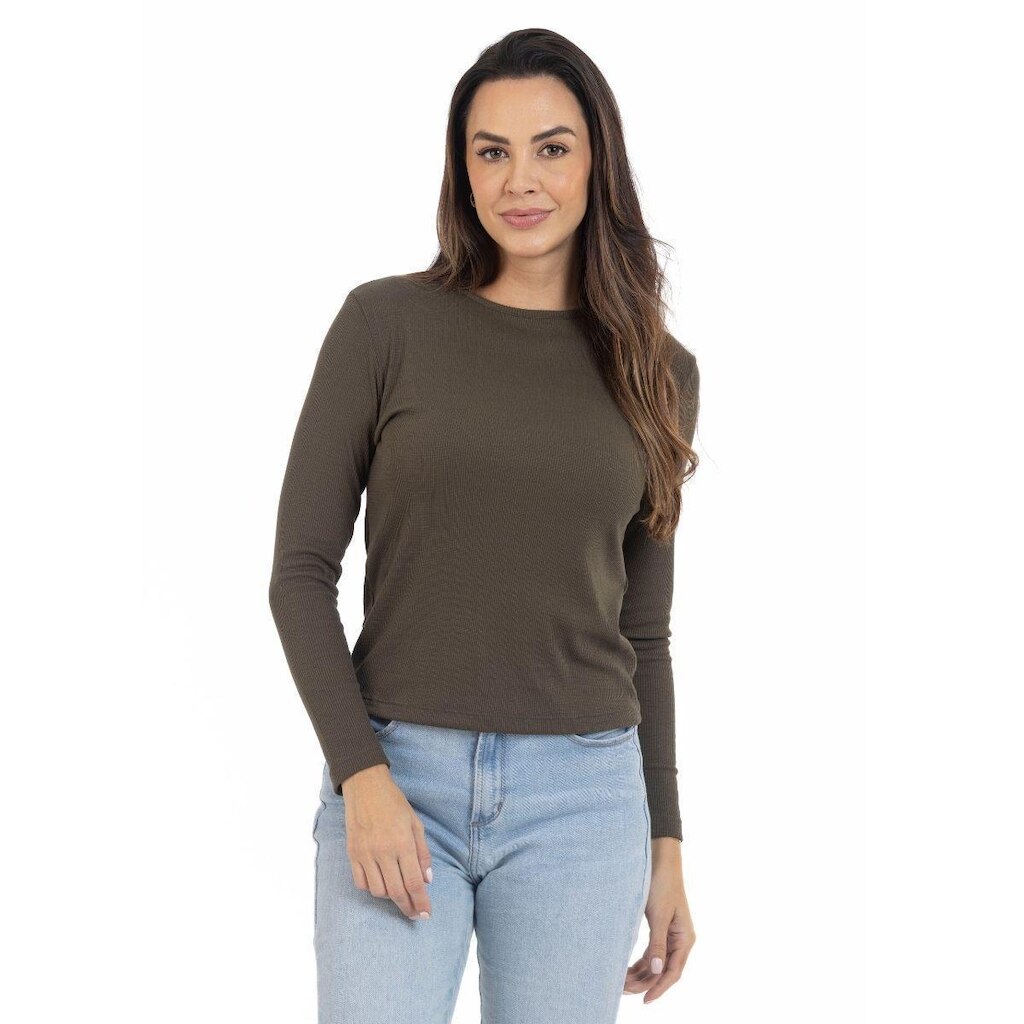 Blusa Feminina Manga Longa Gola Redonda Malha Ribana Casual