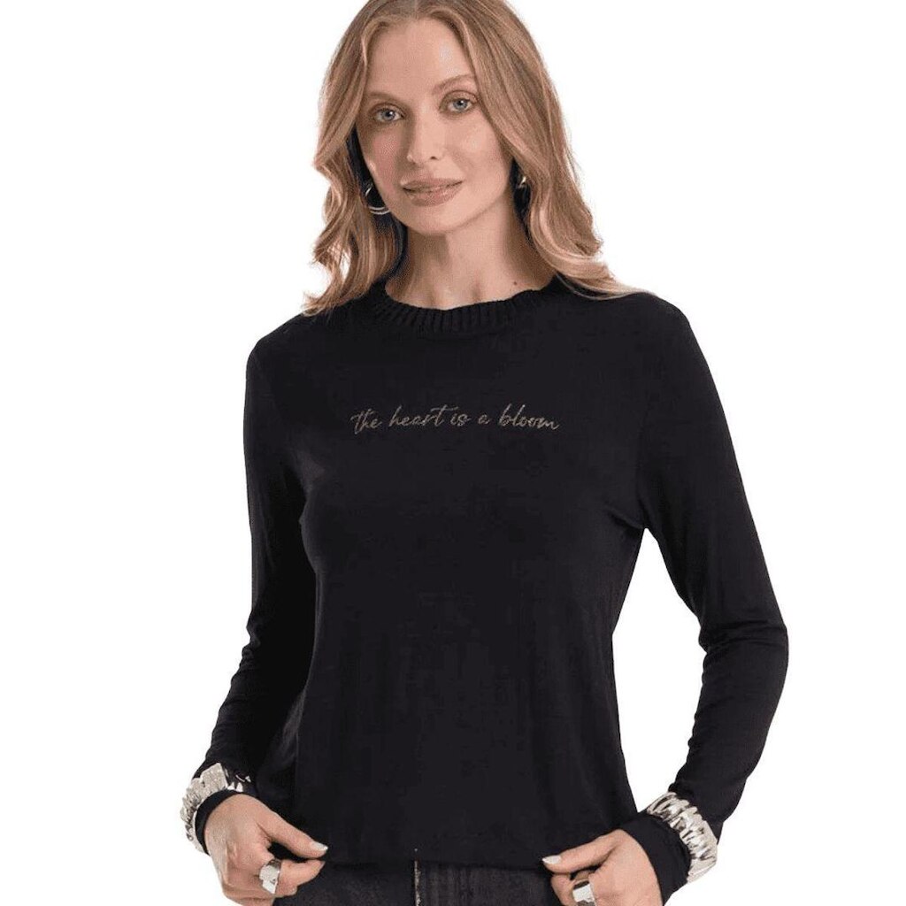 Blusa Feminina Manga Longa Rovitex Estampa Glitter "The Heart is in Bloom"