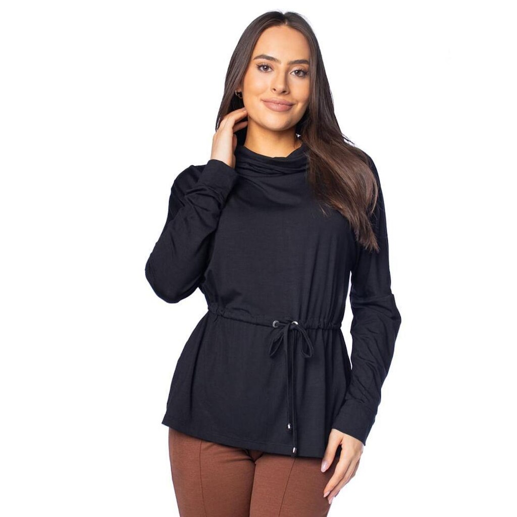 Blusa Feminina Olho Fatal Laço Gola Alta Preto