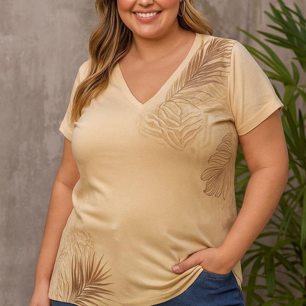 Blusa Feminina Plus Size em Malha com Estampa de Folhagens – Decote V Cereja Rosa
