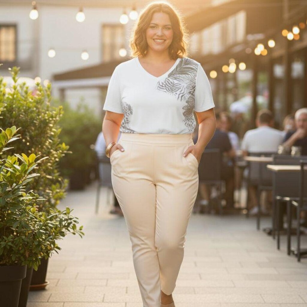 Blusa Feminina Plus Size em Malha com Estampa de Folhagens – Decote V Cereja Rosa