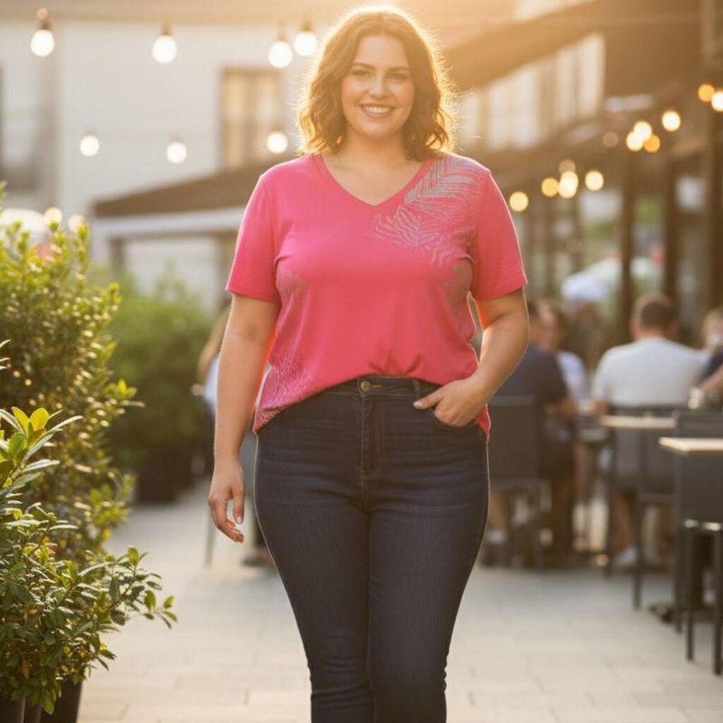 Blusa Feminina Plus Size em Malha com Estampa de Folhagens – Decote V Cereja Rosa