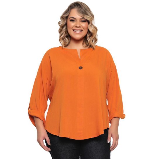 Blusa Feminina Plus Size Manga Curta com Botão Moda Casual Zattini