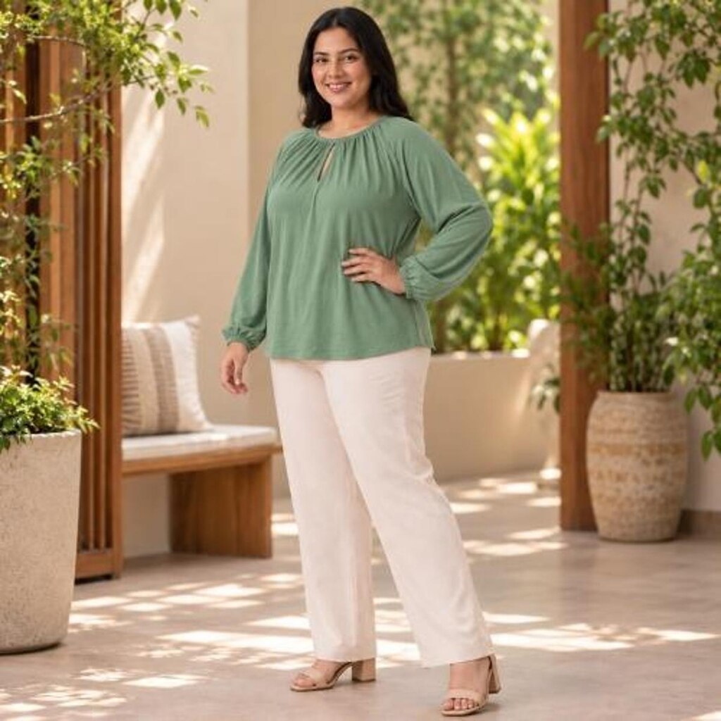 Blusa Feminina Plus Size Manga Longa Modelagem Ampla com Decote Vazado Malwee