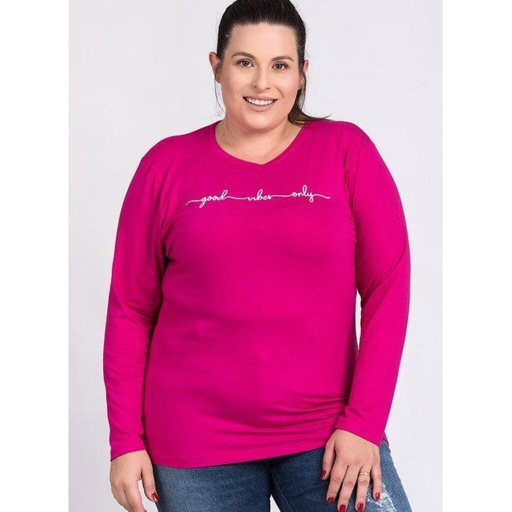 Blusa Feminina Plus Size Manga Longa Visco Estampada "Good vibes only" - Serena