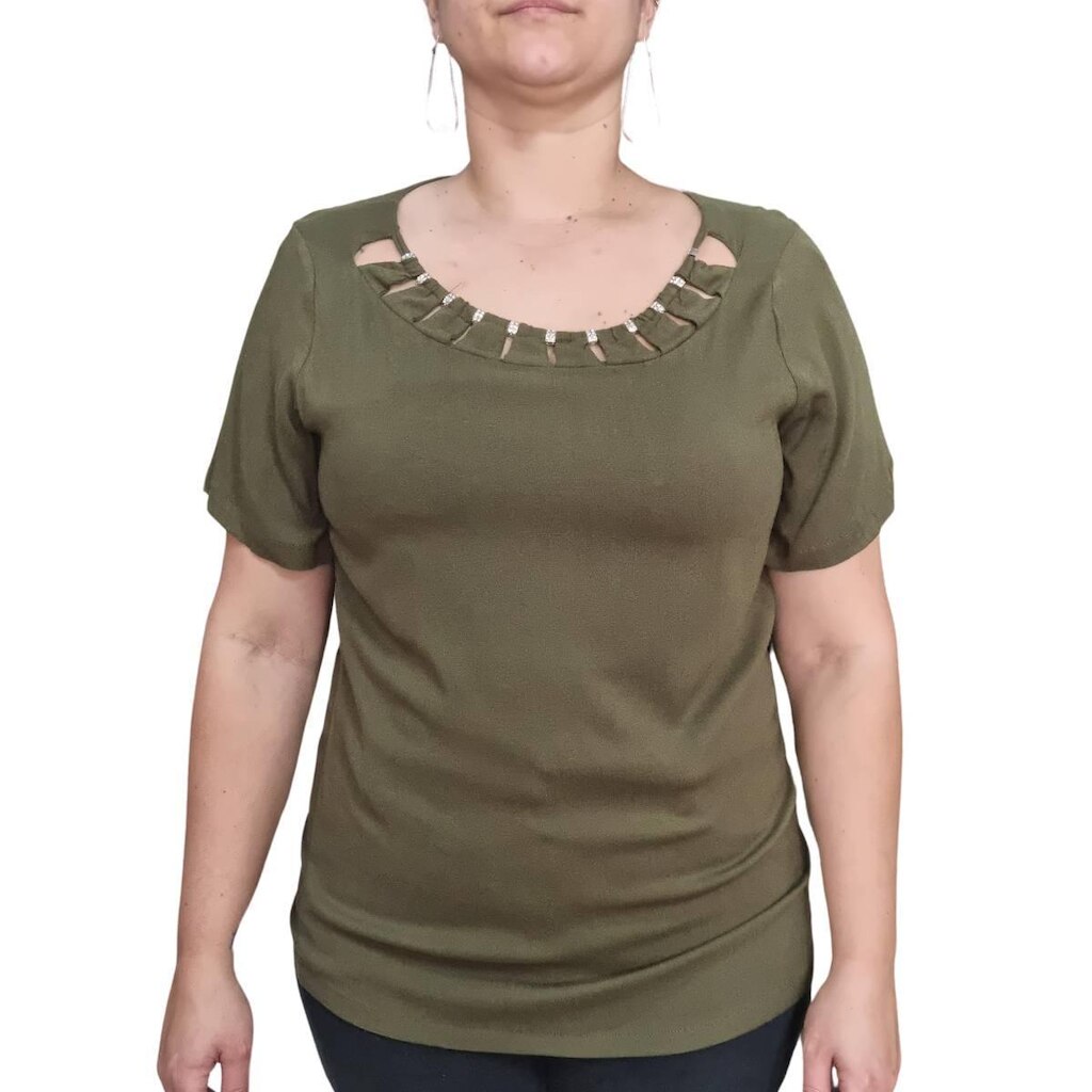 Blusa Feminina Raio De Luz Verde Gola Detalhada Strass