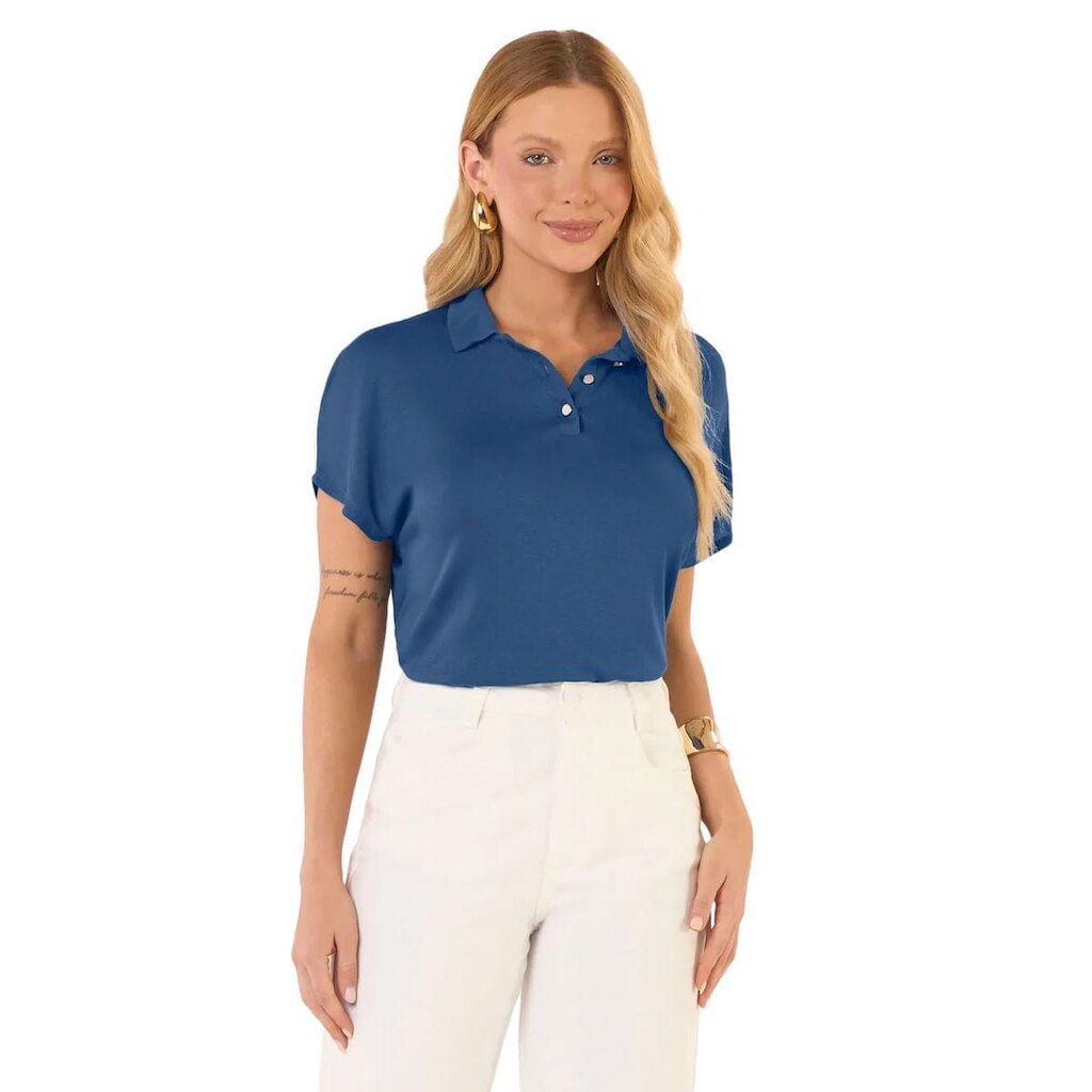 Blusa Feminina Rovitex Visco Tricot Gola Polo Rosa Claro