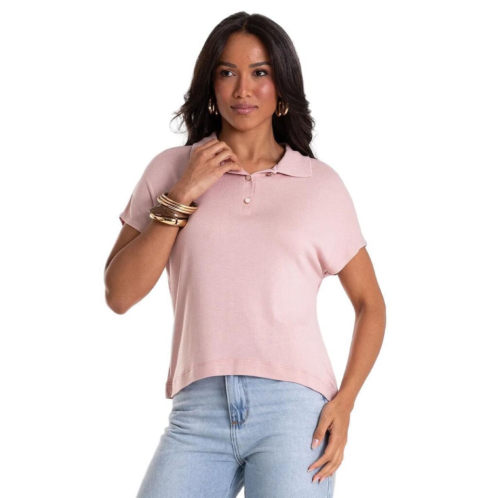 Blusa Feminina Rovitex Visco Tricot Gola Polo Rosa Claro