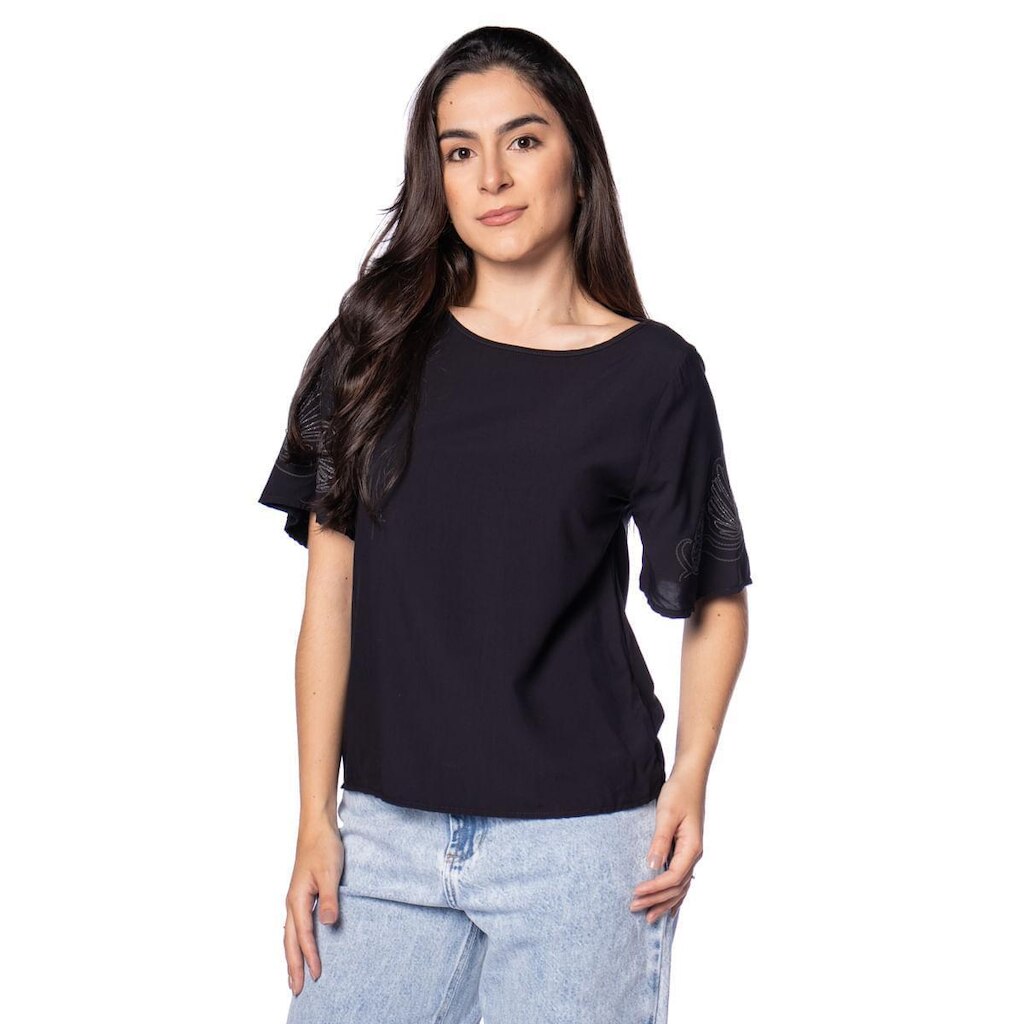 Blusa Feminina Rovitex Viscose Estampa Nas Mangas Bege