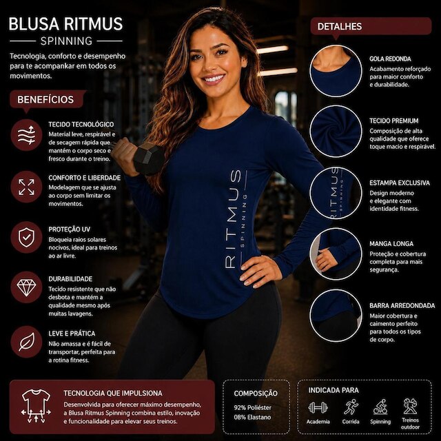 Blusa Fitness Feminina Manga Longa Ritmus Spinning Academia Treino Proteção U.V