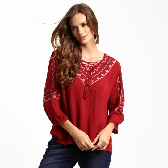 Blusa Fiya Lady Bordado Amarração - Bordô