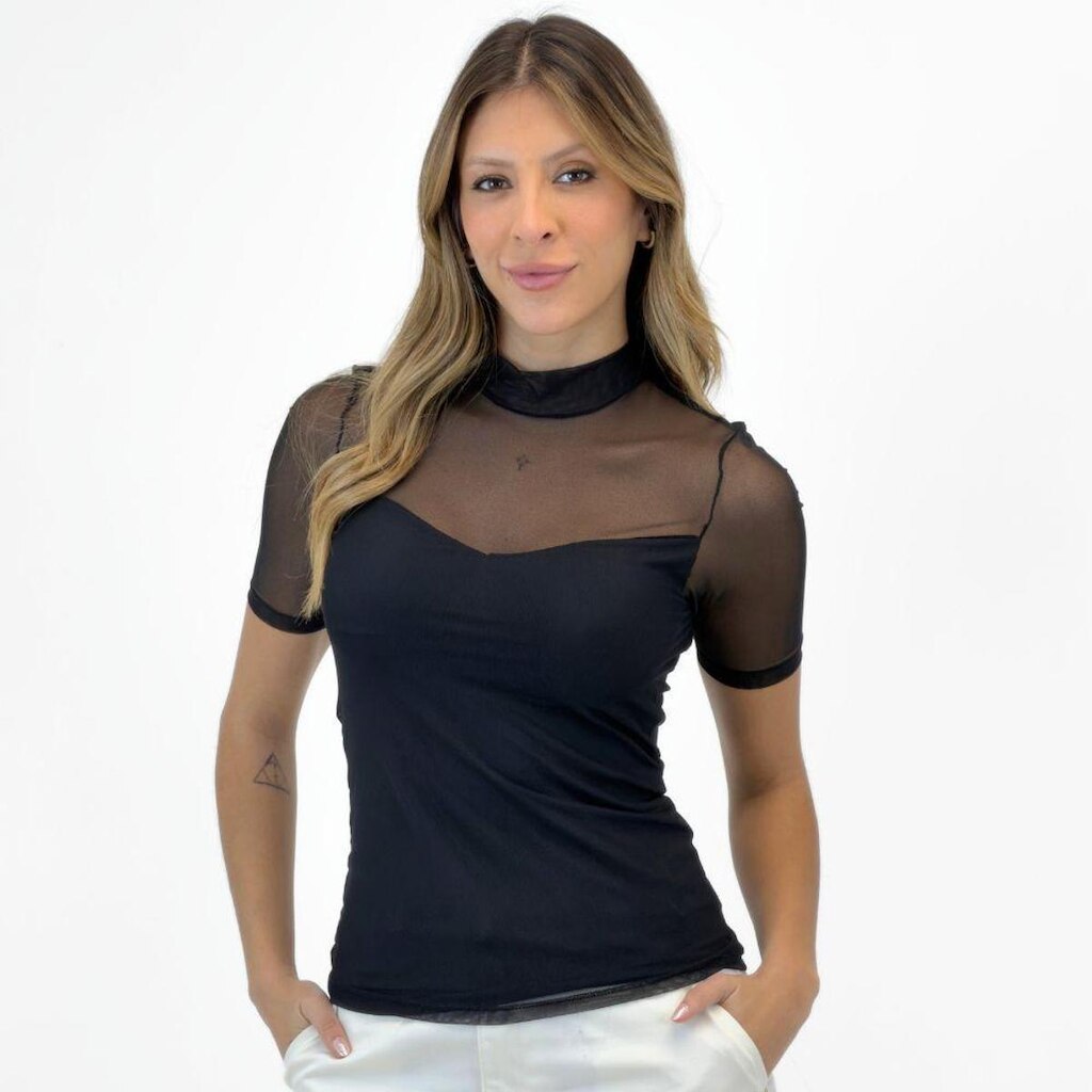 Blusa Formitz em Tule Manga Curta Gola Alta Feminina