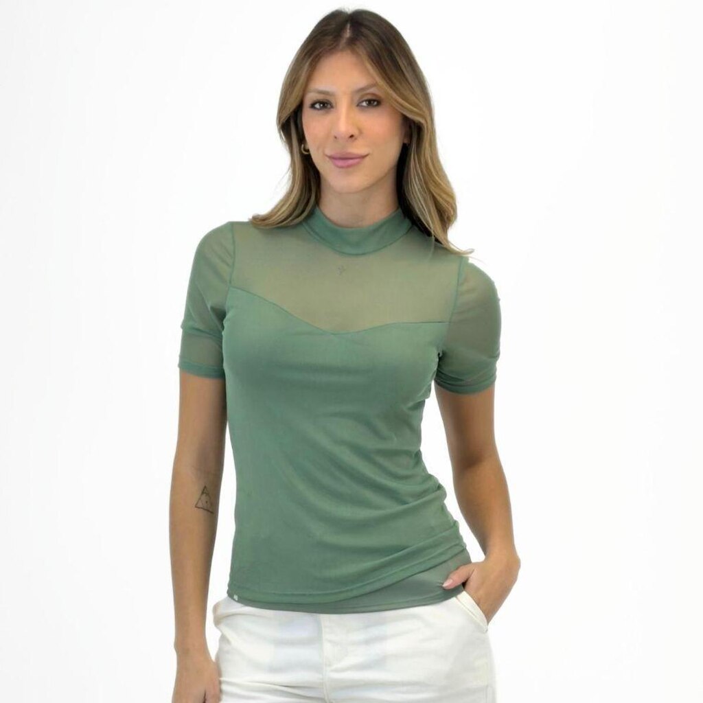 Blusa Formitz em Tule Manga Curta Gola Alta Feminina