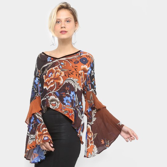 Blusa Forum Bata Estampada Manga Babados Feminina - Marrom+Azul