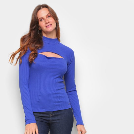 Blusa Forum Canelada Manga Longa Feminina - Azul Escuro