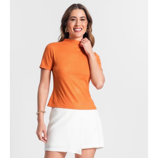 Blusa Gola Alta Em Ribana Canelada Lurex Rovitex Laranja
