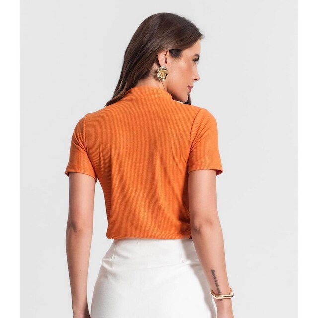 Blusa Gola Alta Em Ribana Canelada Lurex Rovitex Laranja