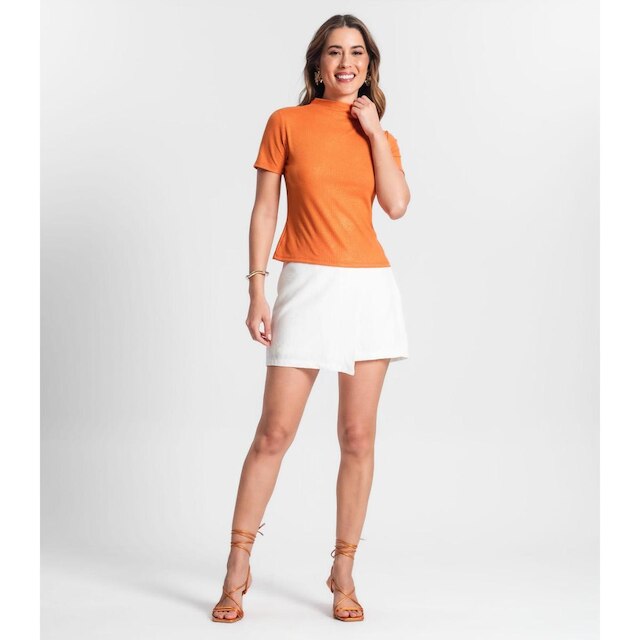 Blusa Gola Alta Em Ribana Canelada Lurex Rovitex Laranja