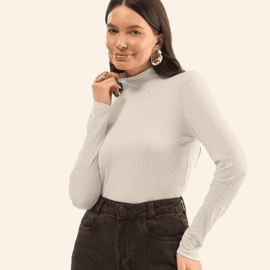 Blusa Gola Alta Manga Longa Ribana de Viscose Rovitex