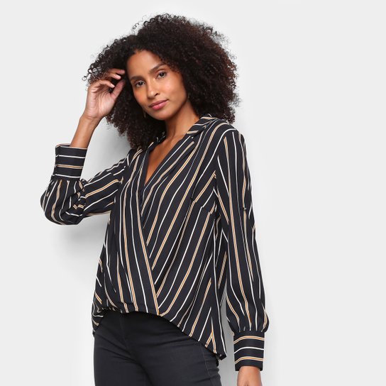 Blusa Heli Assimétrica Listrada Manga Longa Feminina - Preto