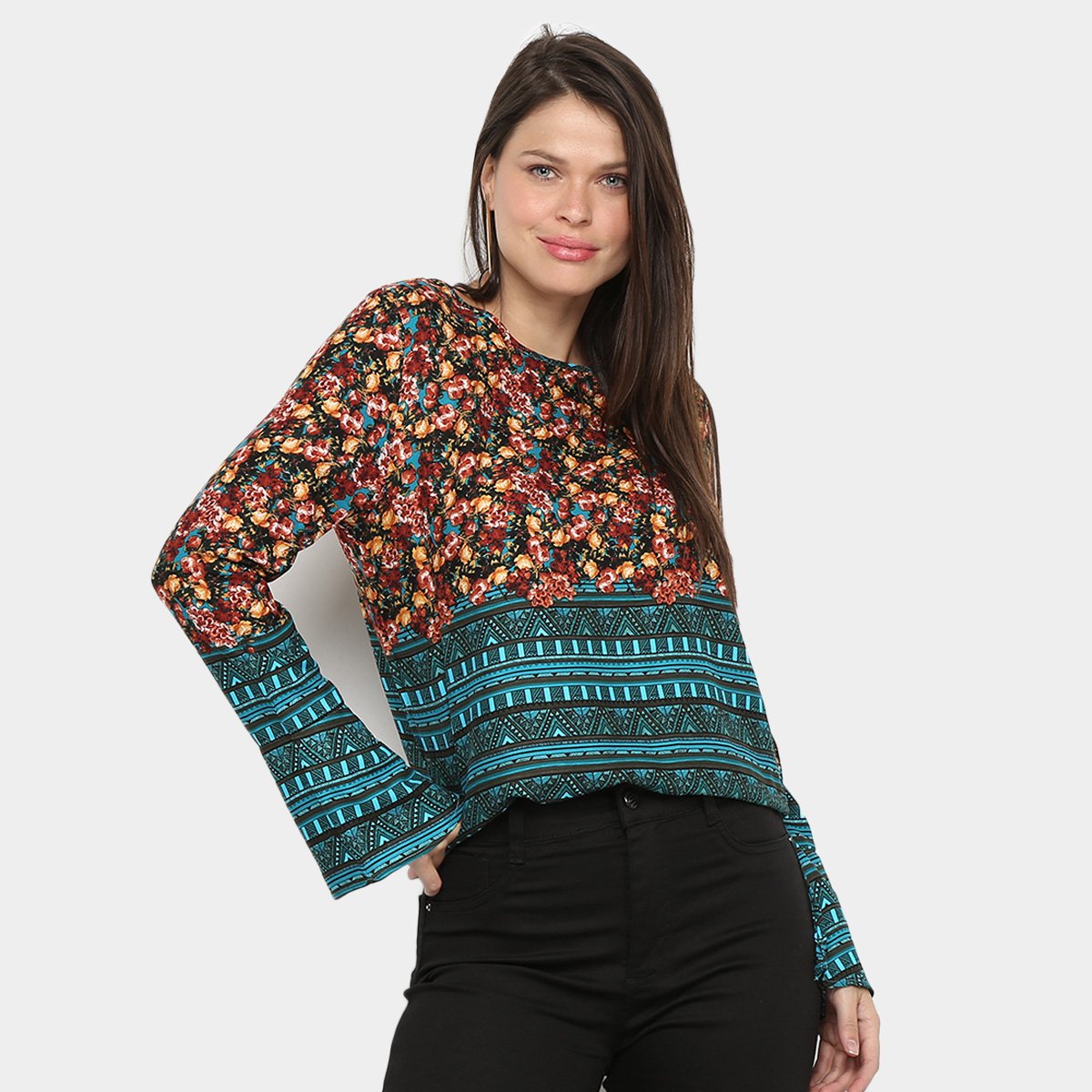 Blusa Heli Estampada Manga Longa Flare Feminina - Azul Menor preço em Blusa Heli Estampada Manga Longa Flare Feminina - Azul