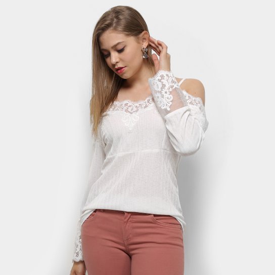Blusa Heli Open Shoulder Renda Manga Longa Feminina - Off White