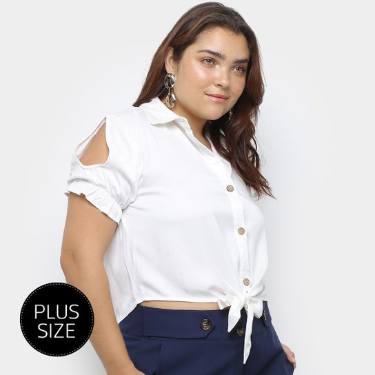 Blusa Heli Plus Size Recorte Manga Curta Amarração Feminina - Branco