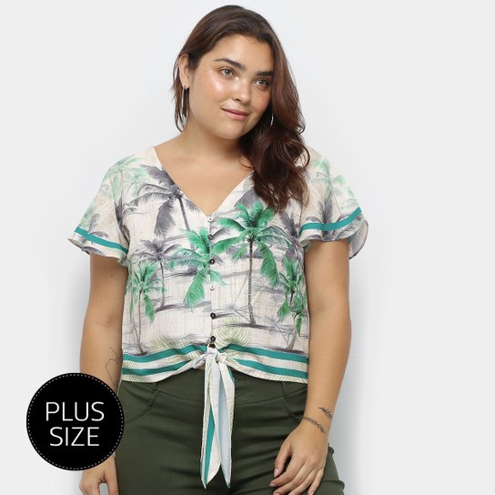 Blusa Heli Tropical Plus Size Amarração Manga Curta Feminina - Bege