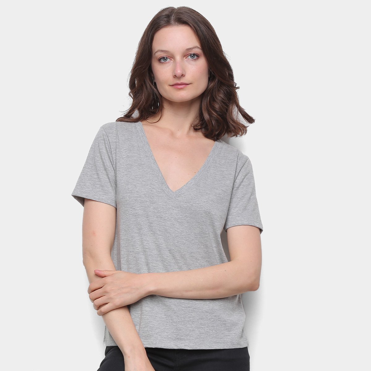 Blusa Hering Básica Gola V Feminina - Mescla Menor preço em Blusa Hering Básica Gola V Feminina - Mescla