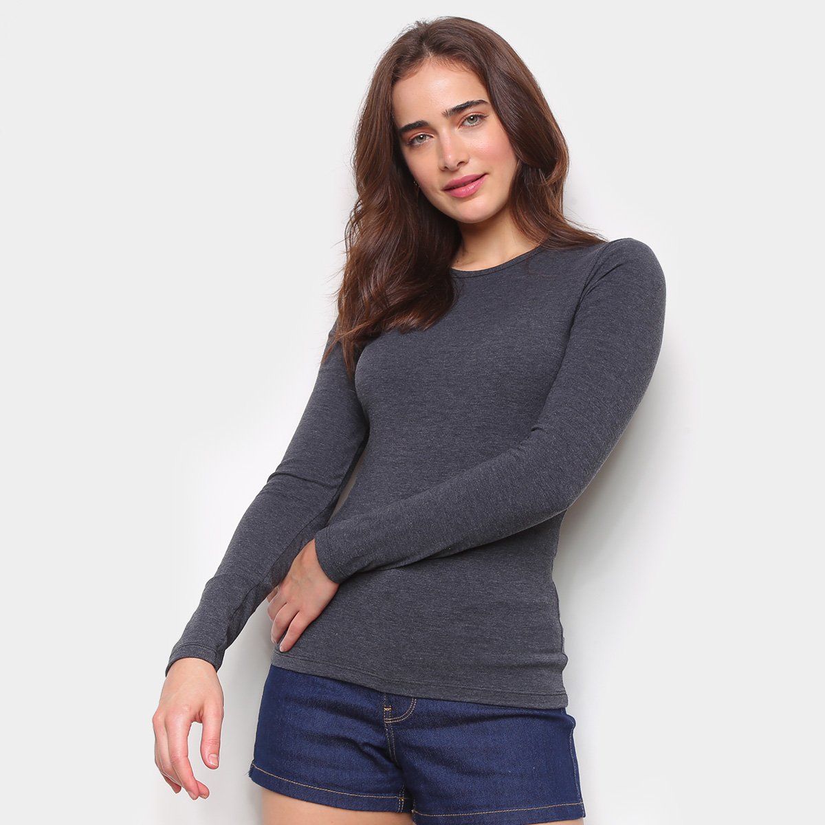 Blusa Hering Básica Manga Longa Feminina - Grafite Menor preço em Blusa Hering Básica Manga Longa Feminina - Grafite