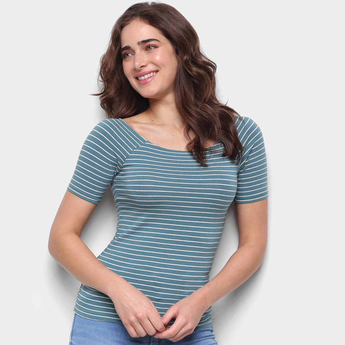 Blusa Hering Listrada Gola Canoa Feminina - Azul Menor preço em Blusa Hering Listrada Gola Canoa Feminina - Azul