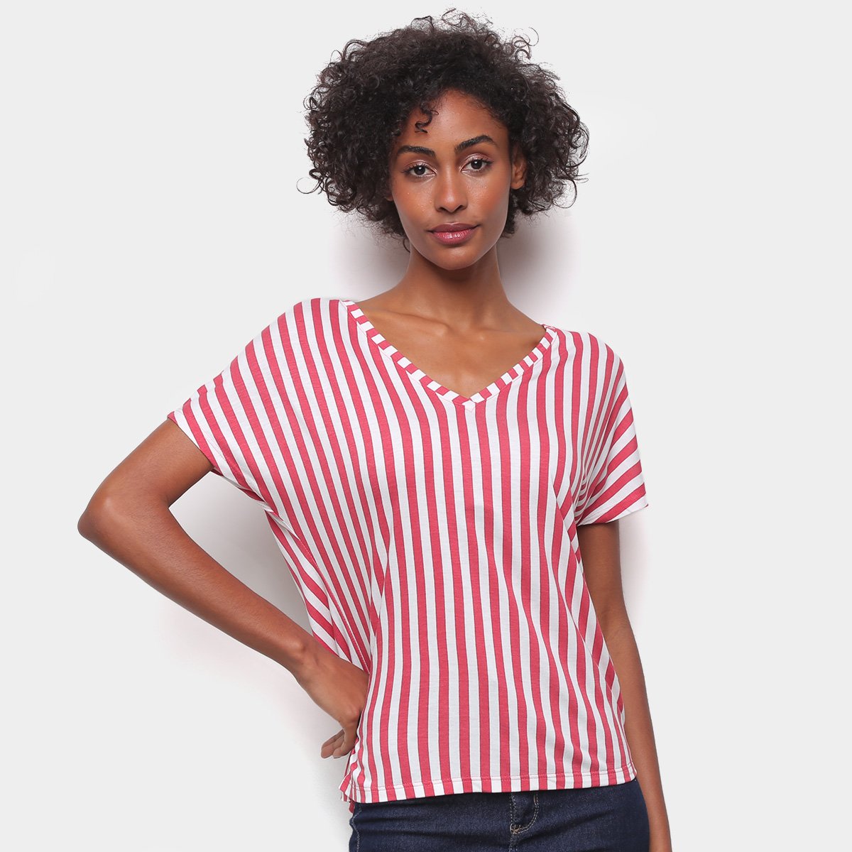 Blusa Hering Listras Manga Curta Feminina - Vermelho+Branco Menor preço em Blusa Hering Listras Manga Curta Feminina - Vermelho+Branco
