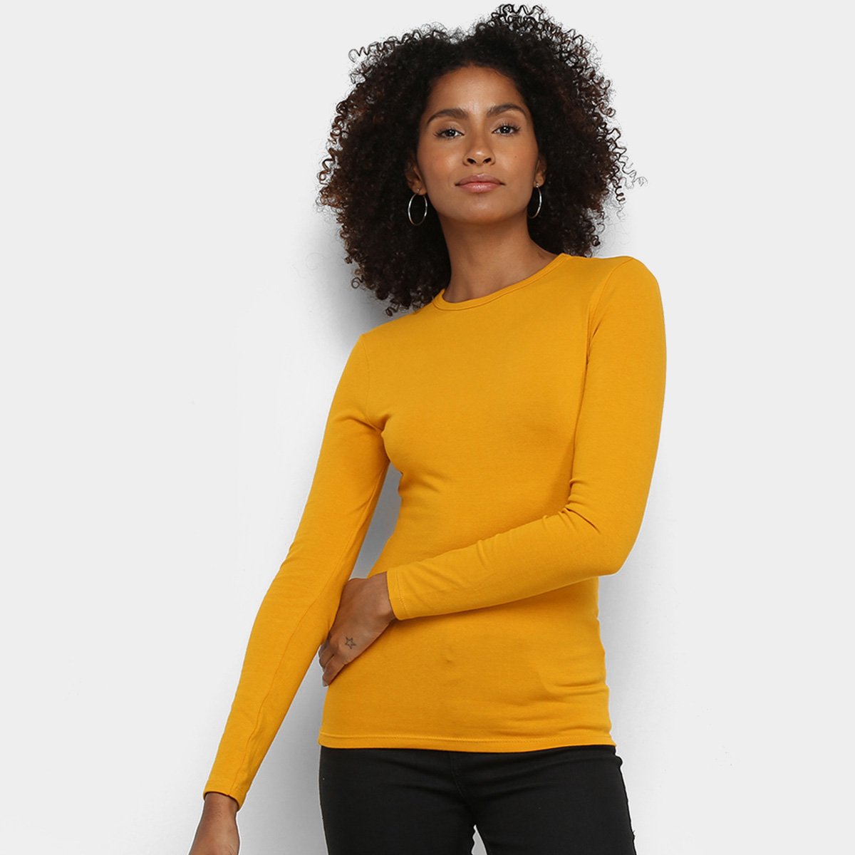 Blusa Hering Manga Longa Feminina - Amarelo Escuro Menor preço em Blusa Hering Manga Longa Feminina - Amarelo Escuro