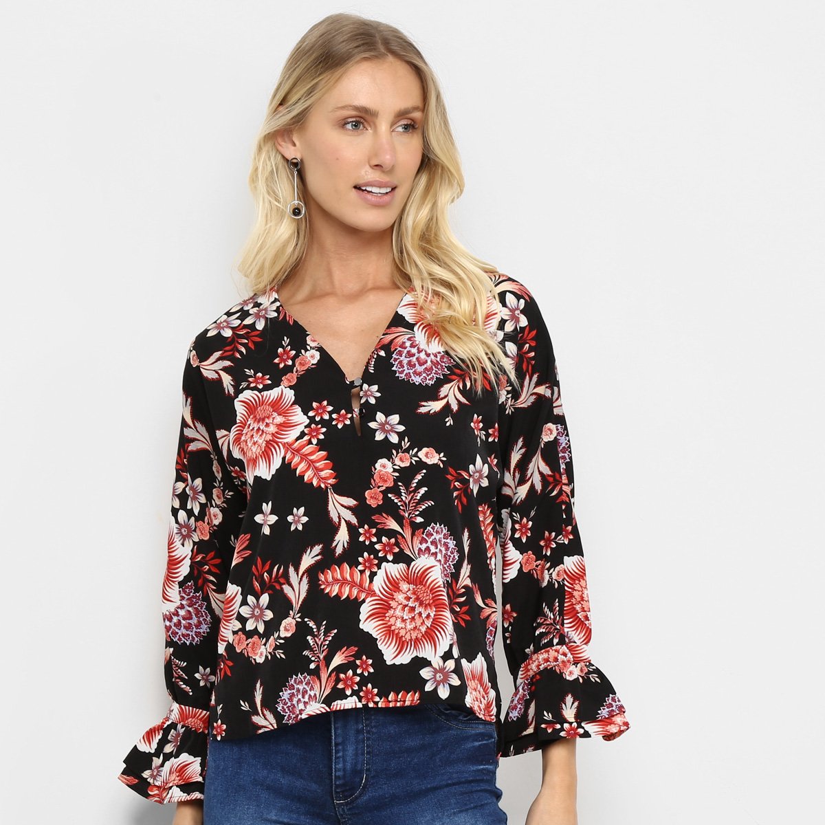 Blusa Holin Stone Floral Manga Longa Babado Feminina - Preto Menor preço em Blusa Holin Stone Floral Manga Longa Babado Feminina - Preto