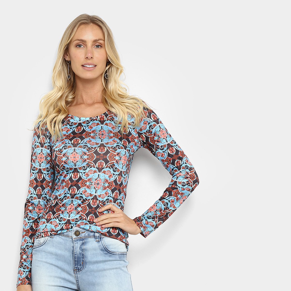 Blusa Holin Stone Manga Longa Floral Feminina - Vermelho Menor preço em Blusa Holin Stone Manga Longa Floral Feminina - Vermelho