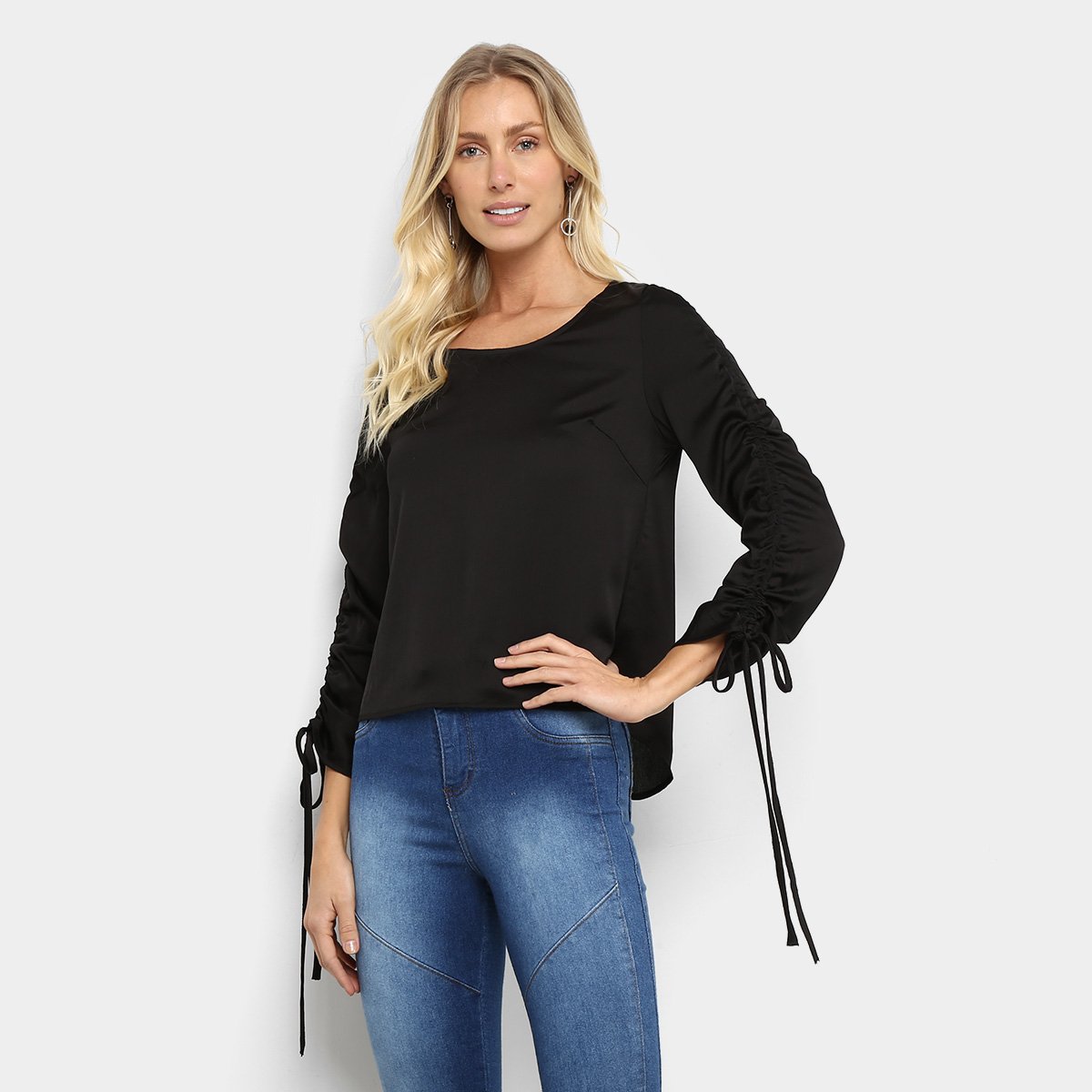Blusa Holin Stone Manga Longa Franzida Feminina - Preto Menor preço em Blusa Holin Stone Manga Longa Franzida Feminina - Preto