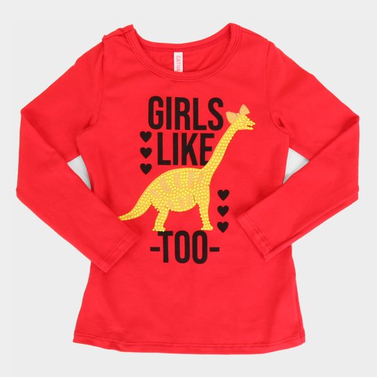 Blusa Infantil Cativa Dino Manga Longa Feminina - Vermelho