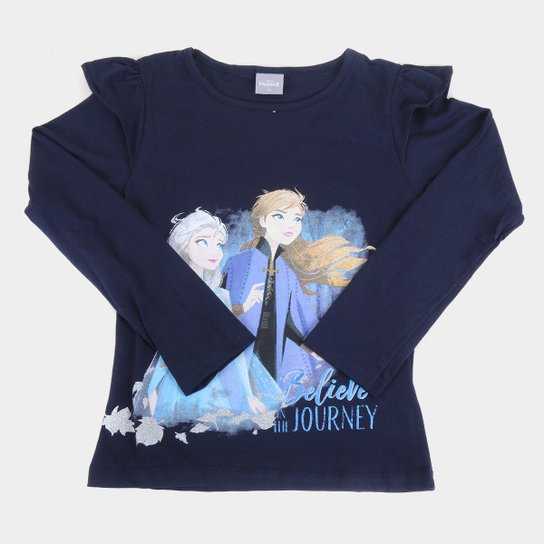 Blusa Infantil Disney Frozen By Fakini Manga Longa Feminina - Marinho