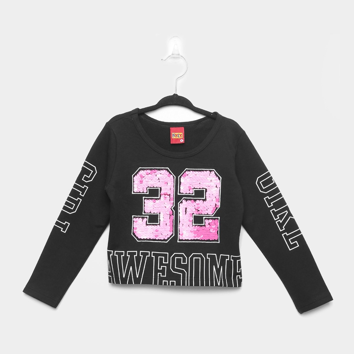 Blusa Infantil Kyly Cropped Manga Longa Com Paetê Reversível - Preto Menor preço em Blusa Infantil Kyly Cropped Manga Longa Com Paetê Reversível - Preto