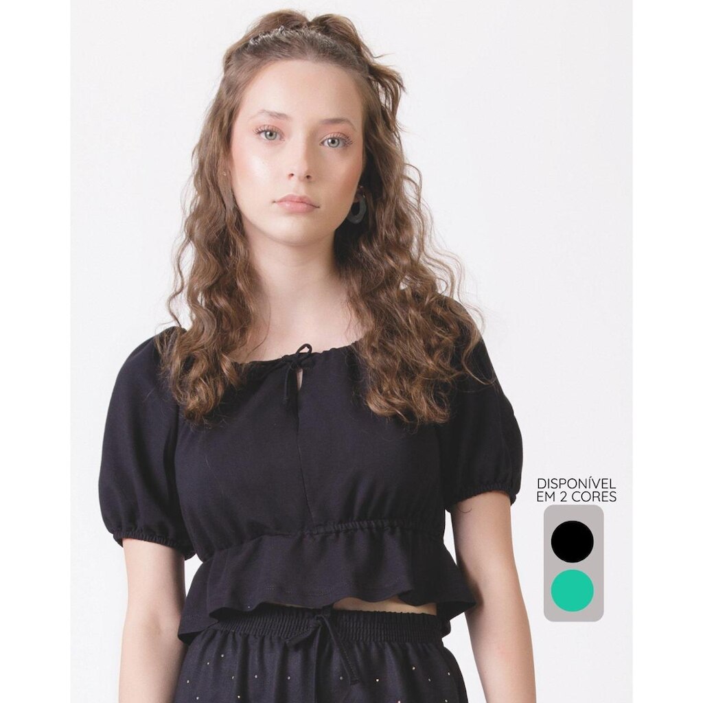 Blusa infantil verão charmosa leve confortável casual - Preto e Verde - Feminino 12 a 18 anos