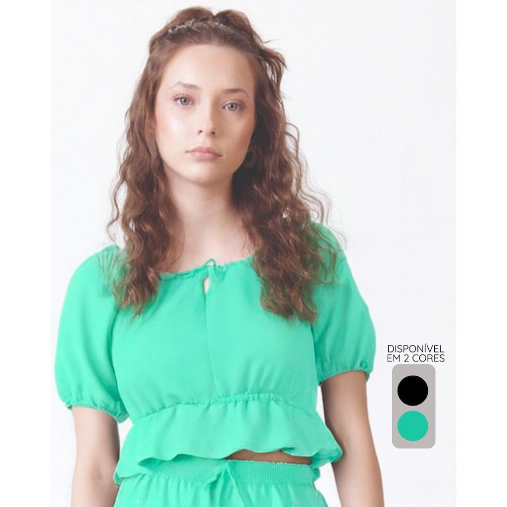 Blusa infantil verão charmosa leve confortável casual - Preto e Verde - Feminino 12 a 18 anos