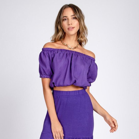 Blusa Jeans Cropped Ciganinha Cor Amora - Roxo